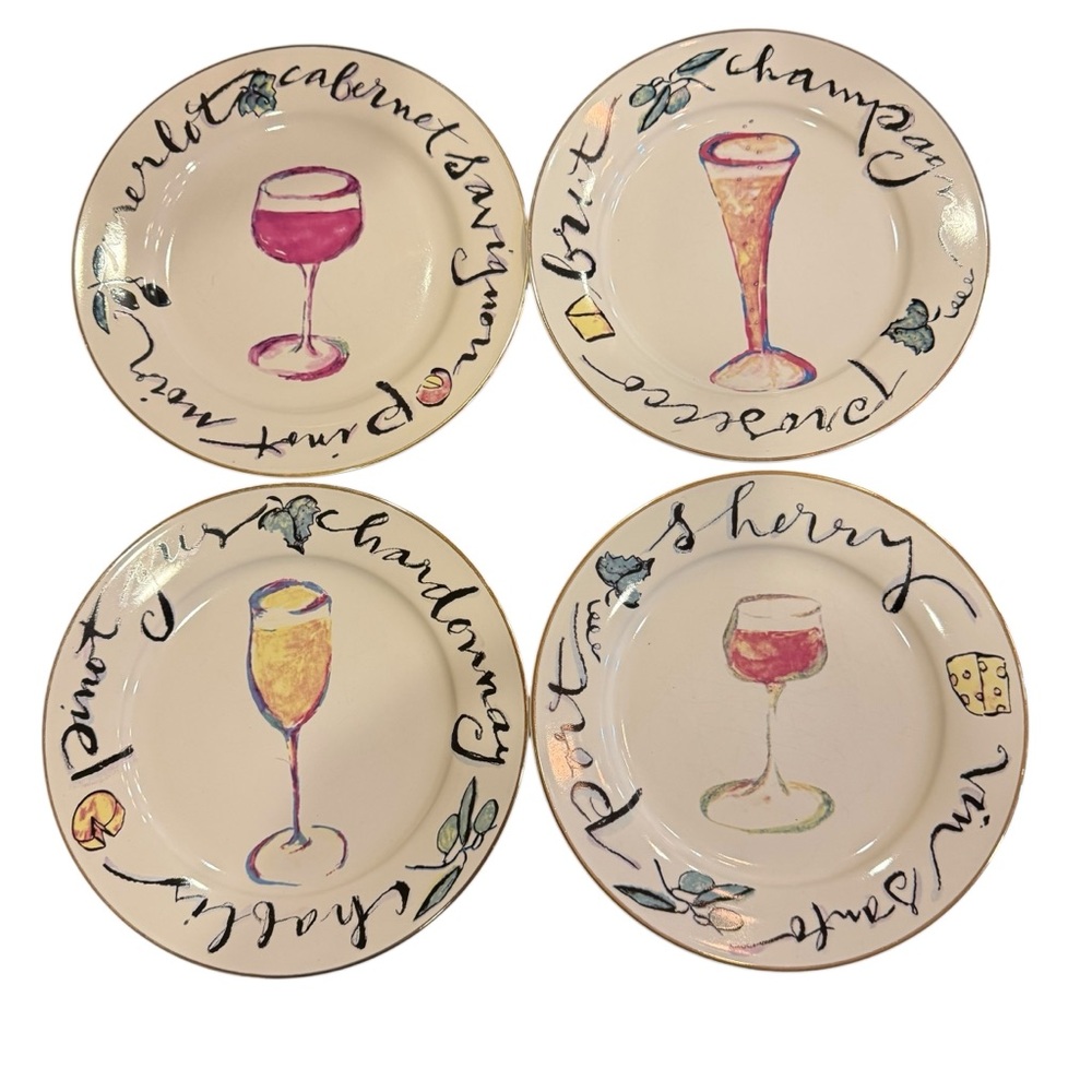 Rosanna Wine-Themed 8” Plates with Gold Trim set of 4